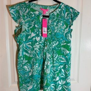 Lilly Pulitzer Golda Top Botanical Green Safari Sangria